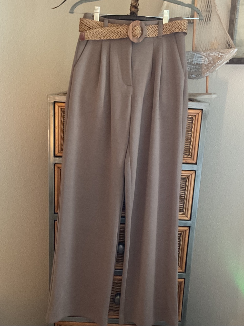 Dynamite Wide-Leg High-Rise Pants with Woven Belt - Taupe